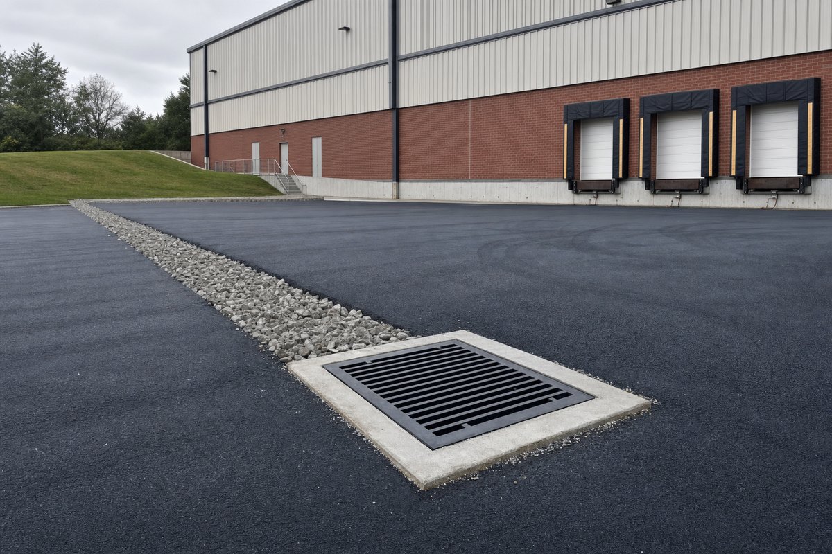 Catch basin and stone drainage trench in a commercial parking lot