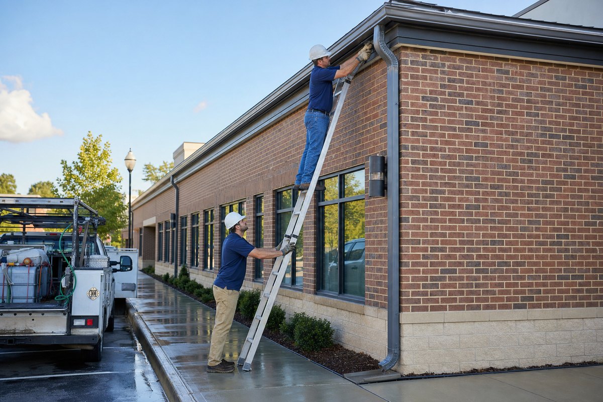 Crew repairing gutters on a brick commercial building