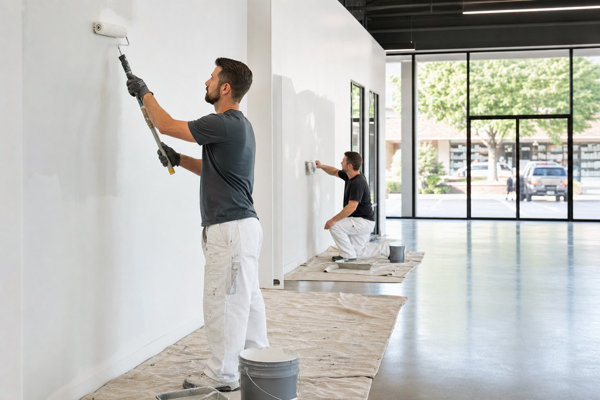 Painters finishing walls inside an empty commercial retail space