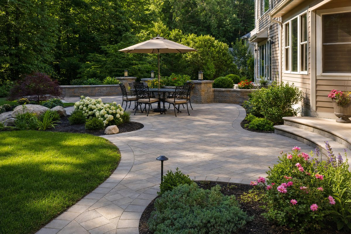 Finished paver patio and walkway hardscape in a Connecticut backyard