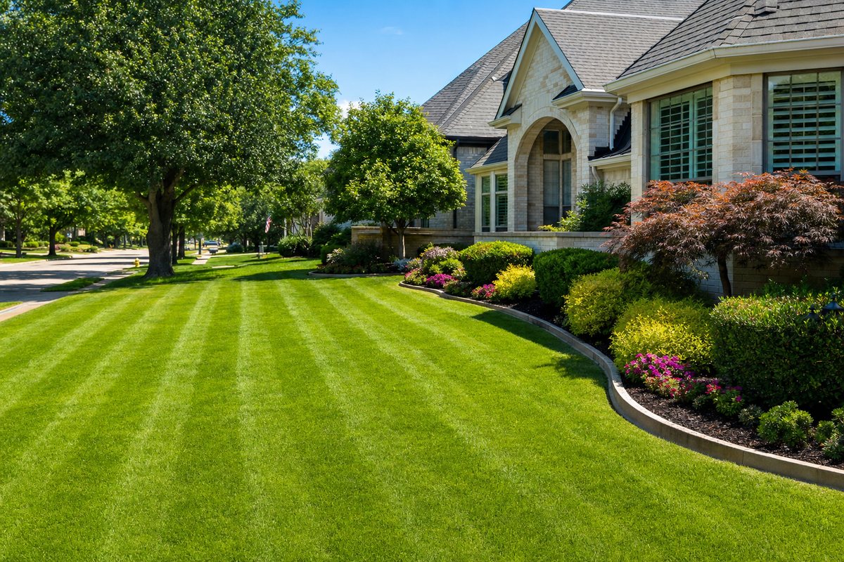 Manicured residential lawn with clean mowing stripes and edged beds
