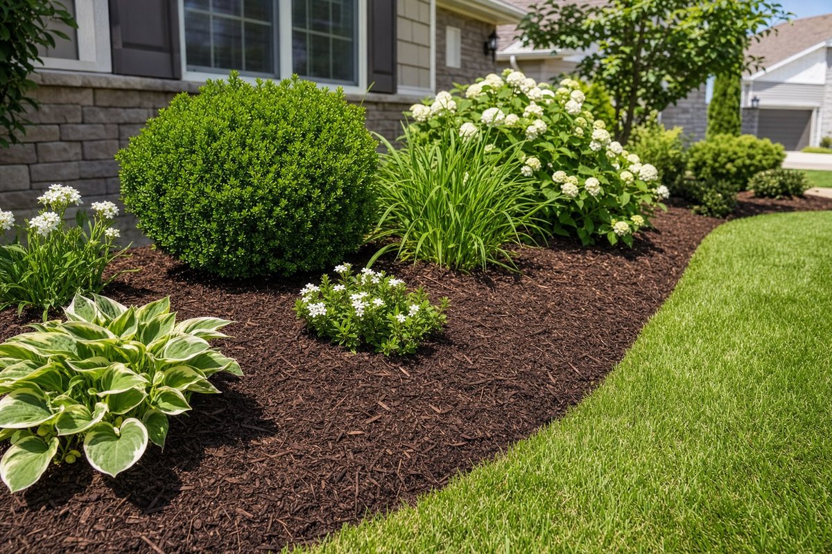Freshly mulched garden beds with dark brown hardwood mulch
