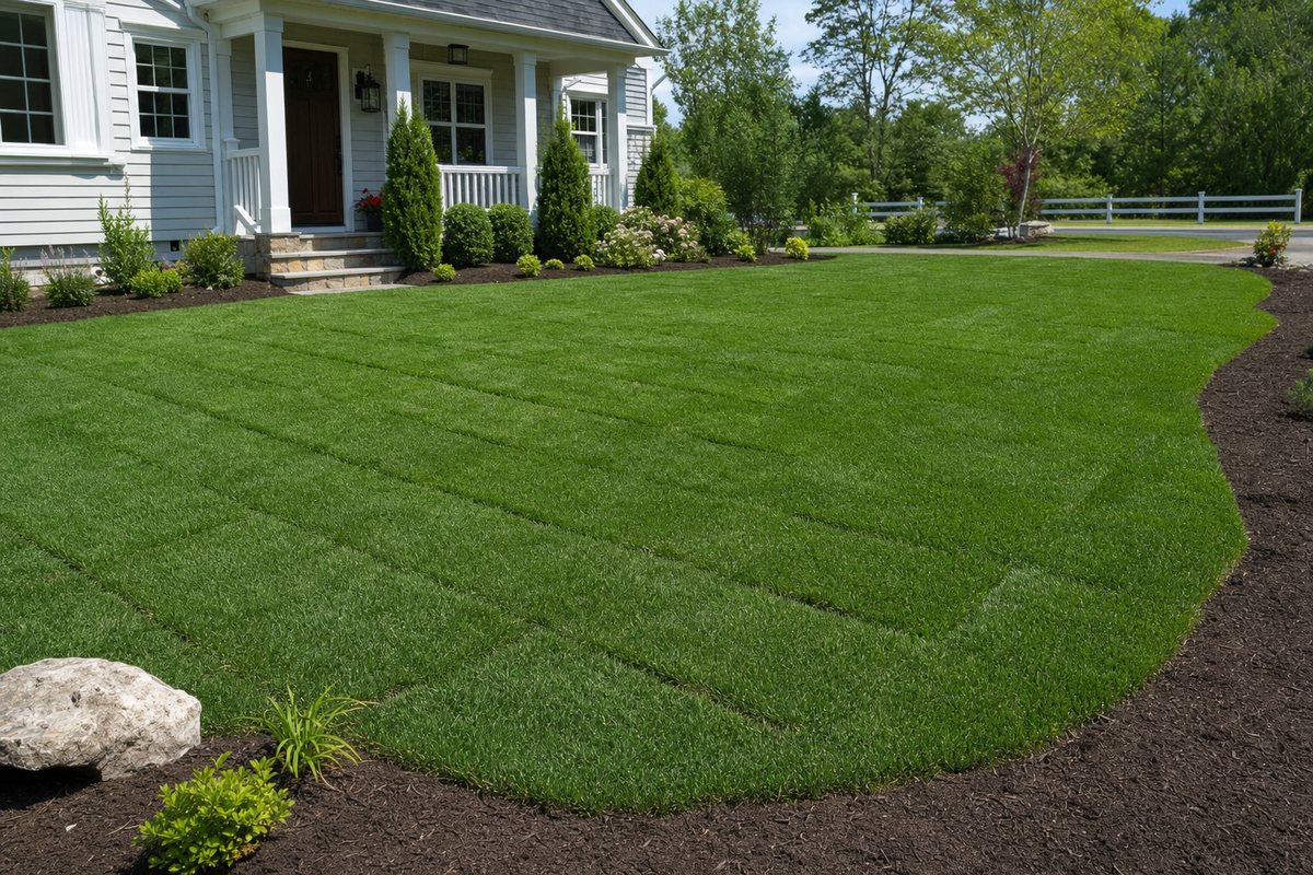 Freshly installed green sod lawn at a Connecticut home