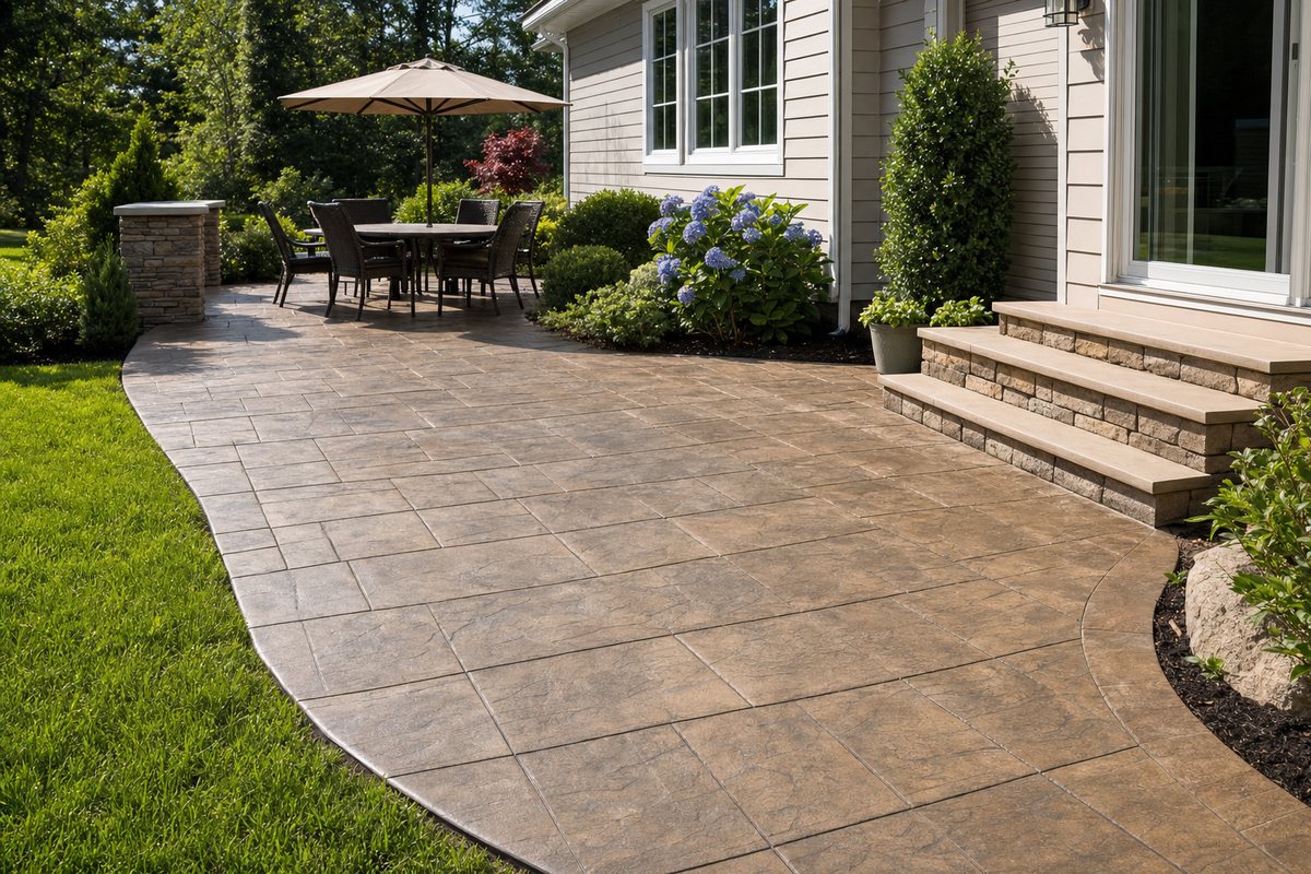 Stamped concrete patio with a natural stone pattern at a Connecticut home