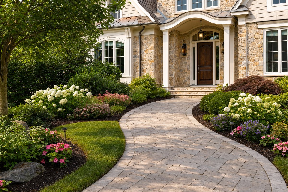 Curved stone paver walkway leading to a home's front entrance