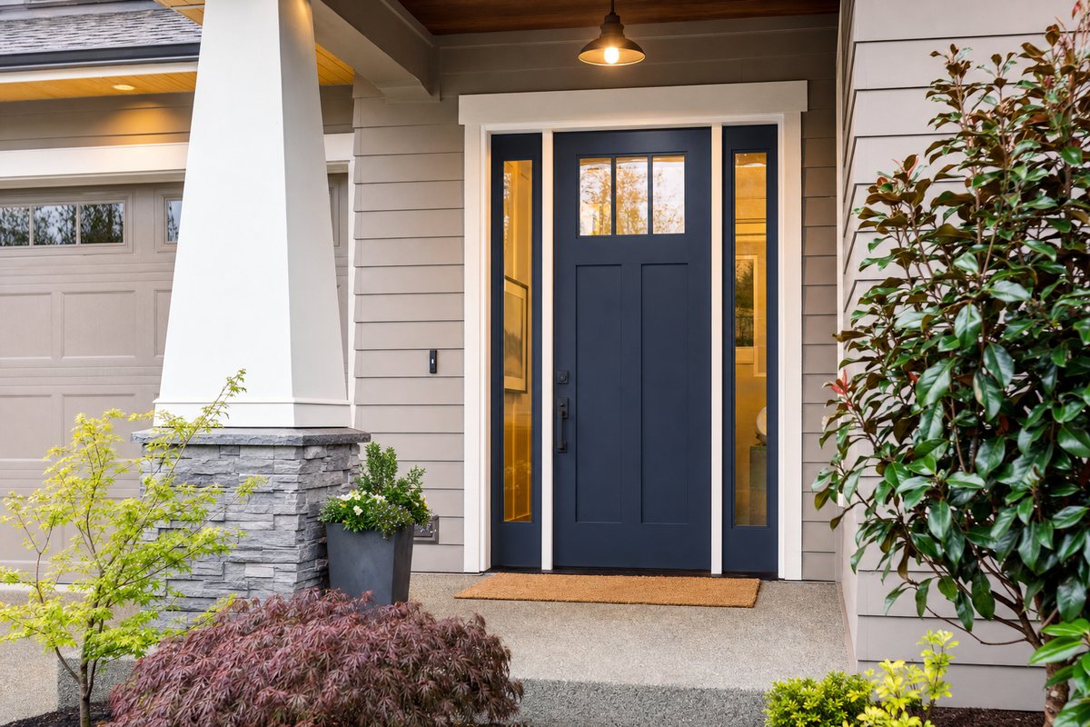 New navy blue craftsman-style front door on a home
