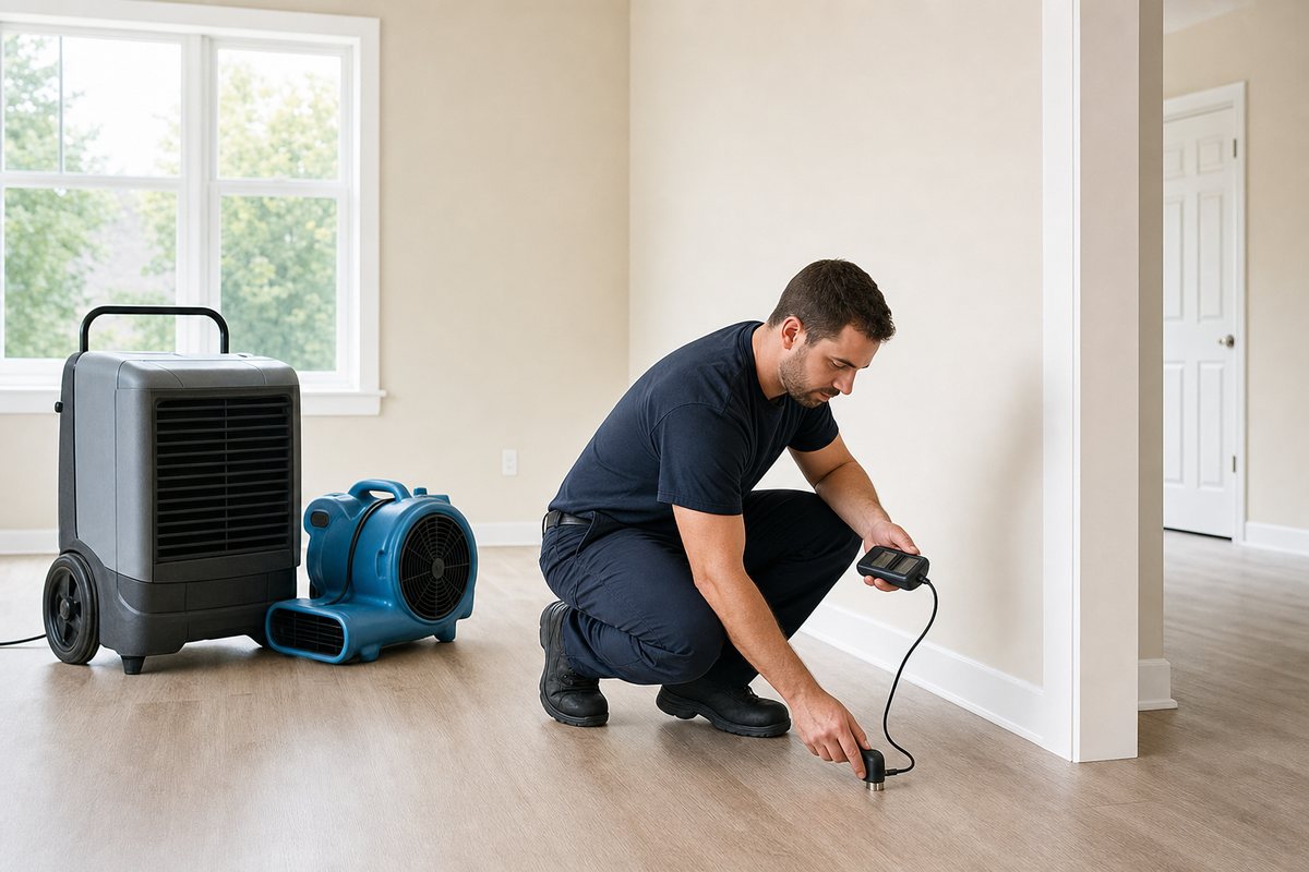 Restoration technician using equipment to repair water damage