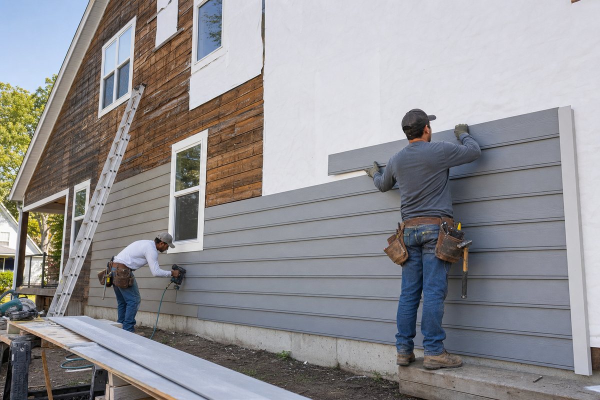 Workers installing new gray siding on a residential home