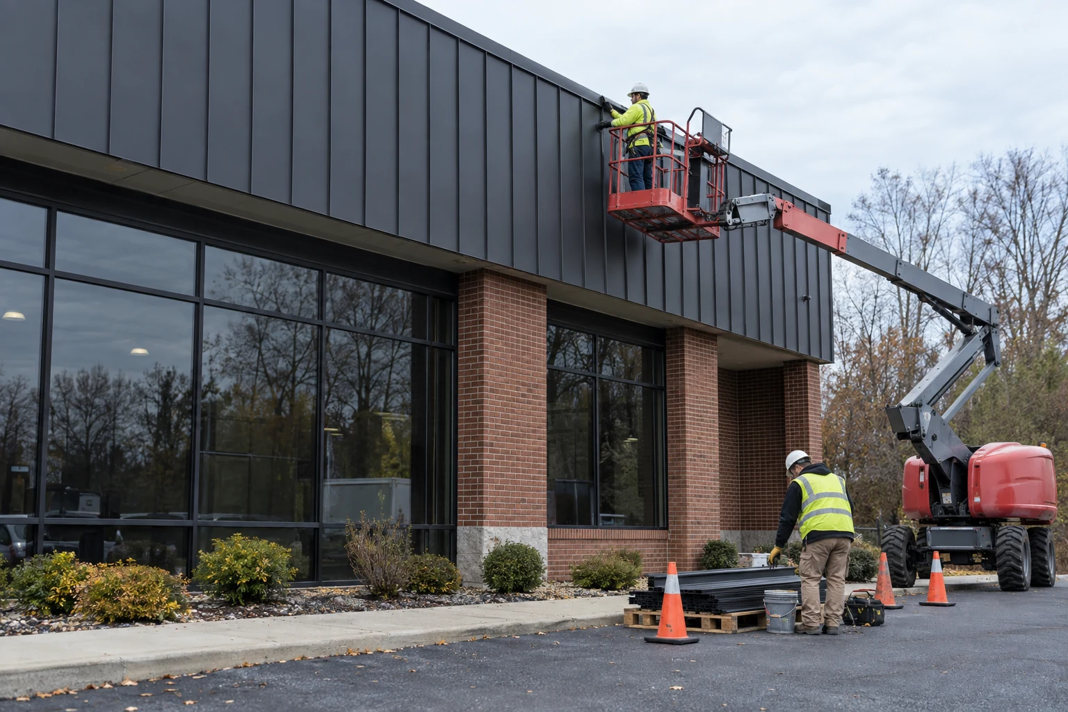 Representative commercial exterior repair scene with workers using a boom lift at a brick and metal building