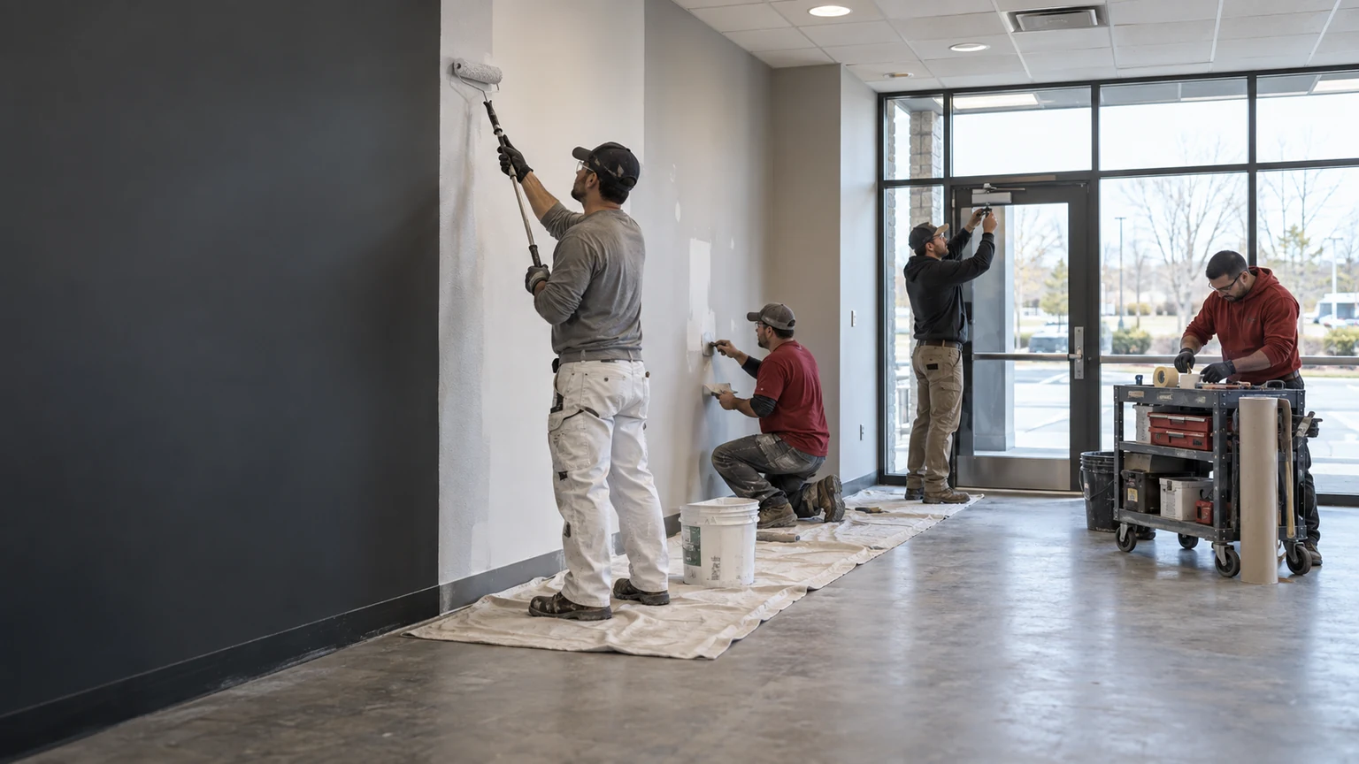 AI-generated representative scene of a commercial maintenance crew painting, repairing drywall, and servicing door hardware in a vacant tenant space