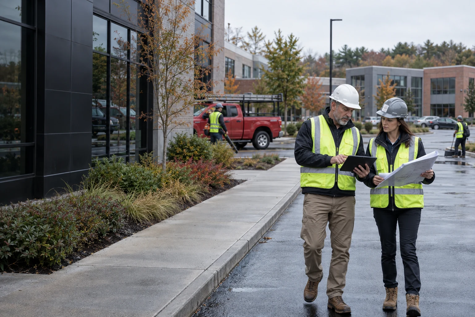Representative commercial property portfolio walkthrough with facilities professionals reviewing a site plan