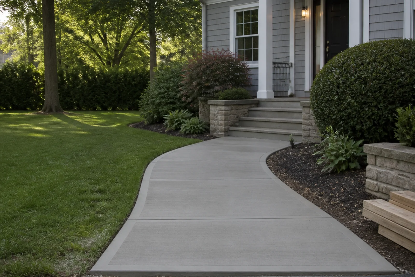 Finished concrete walkway curving toward the entrance of a landscaped Connecticut home