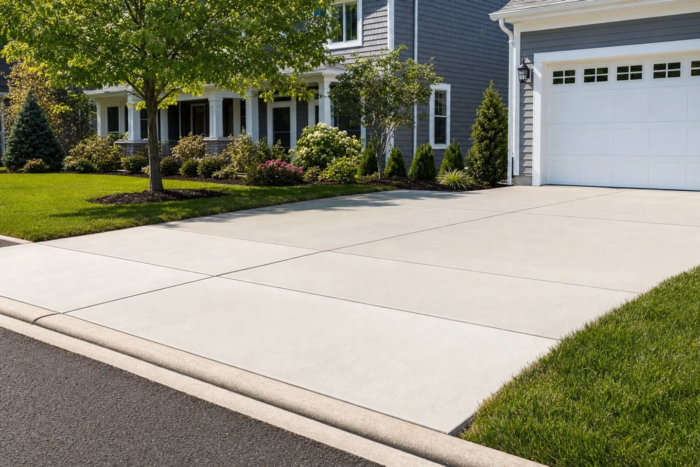 Finished concrete driveway with clean control joints beside a landscaped residence