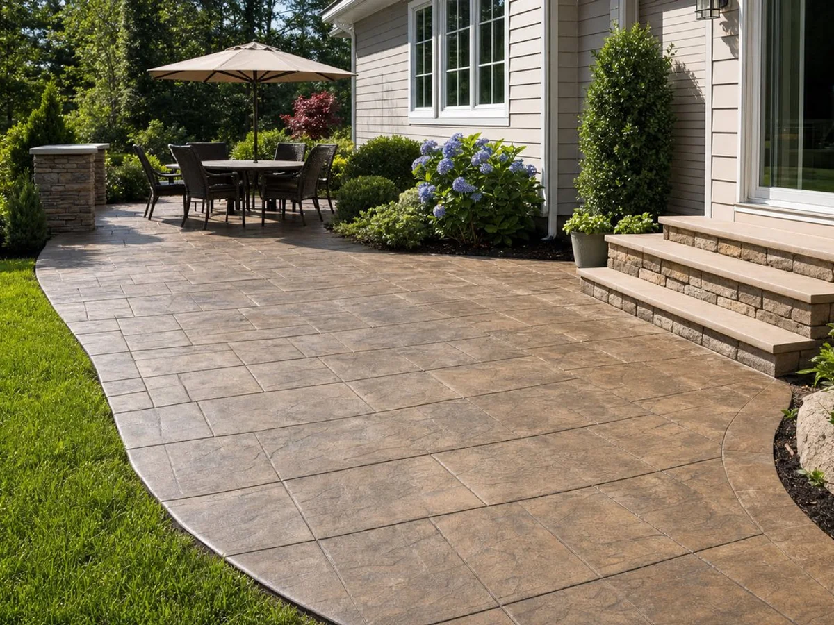 Finished stamped concrete patio with steps and landscaped planting beds