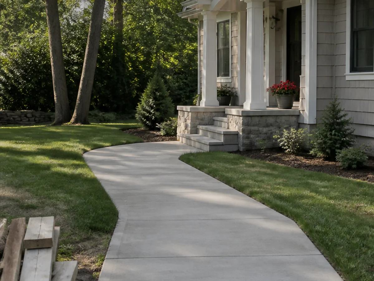 Finished concrete walkway leading to front steps at a landscaped home