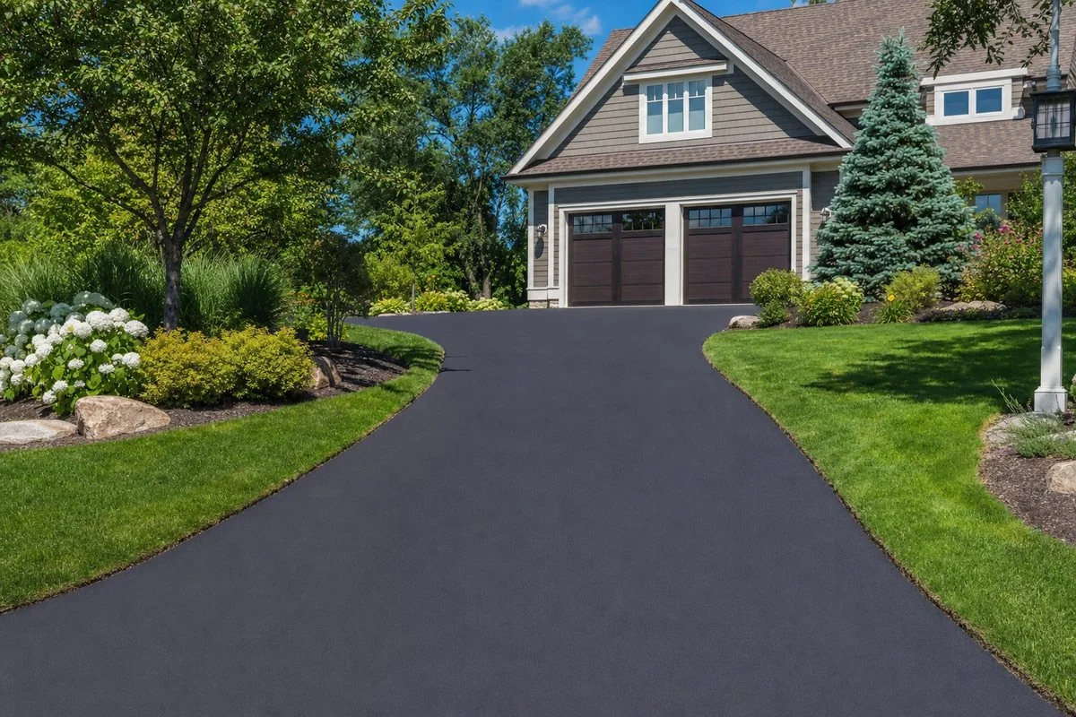 Finished asphalt driveway leading to a landscaped Connecticut home