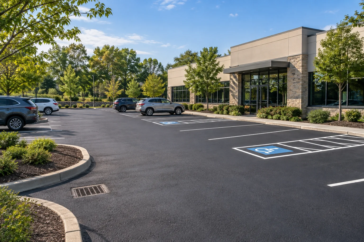 Finished commercial asphalt parking lot with accessible spaces, curbs, and coordinated drainage