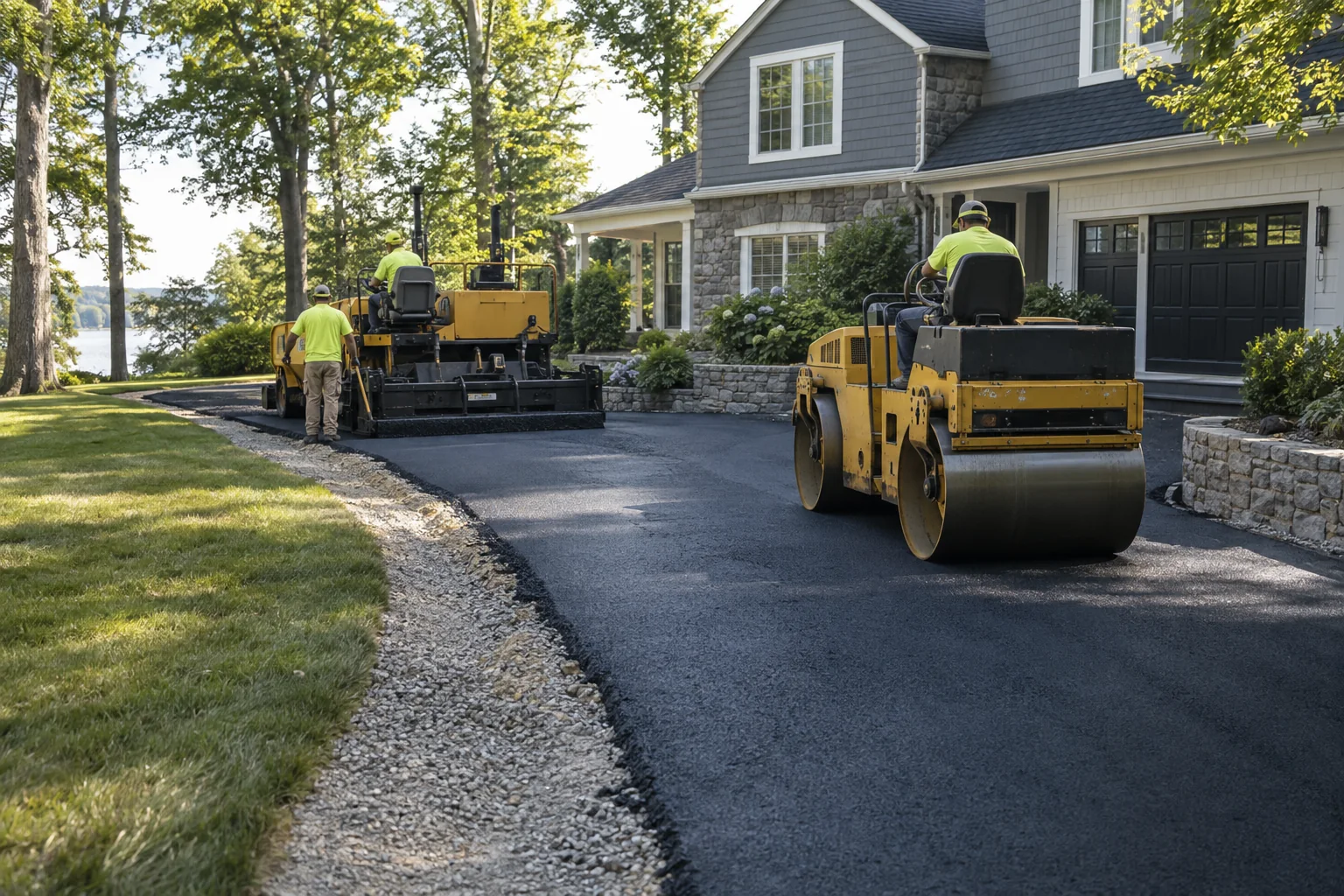 Asphalt paving crew using a paver and ride-on roller on a residential driveway