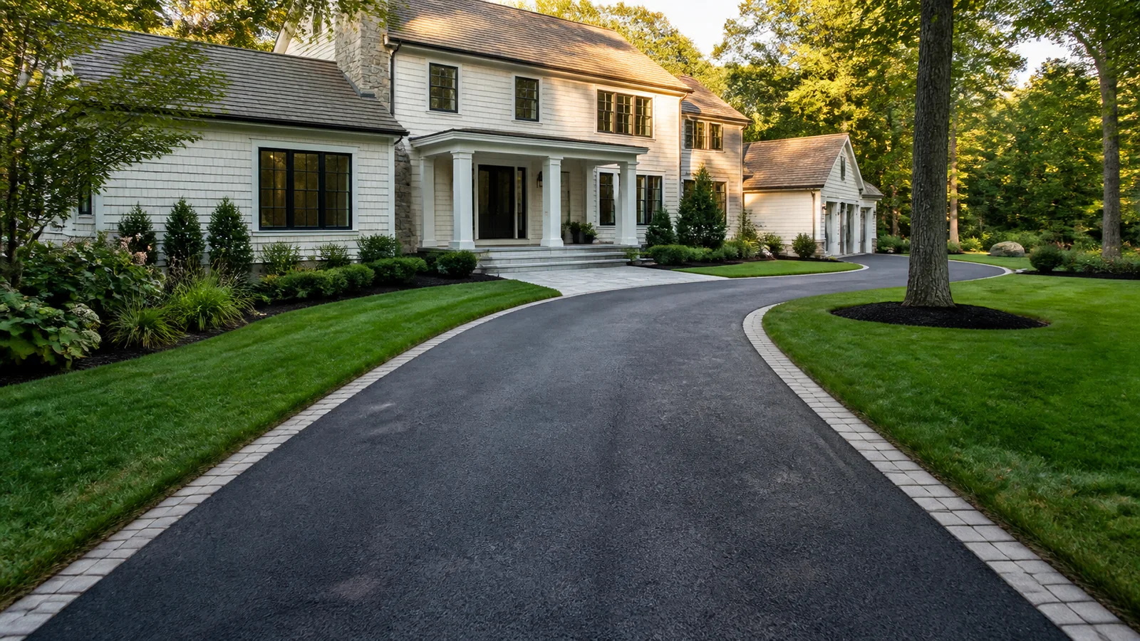 Finished residential asphalt driveway with stone edging and a landscaped entrance