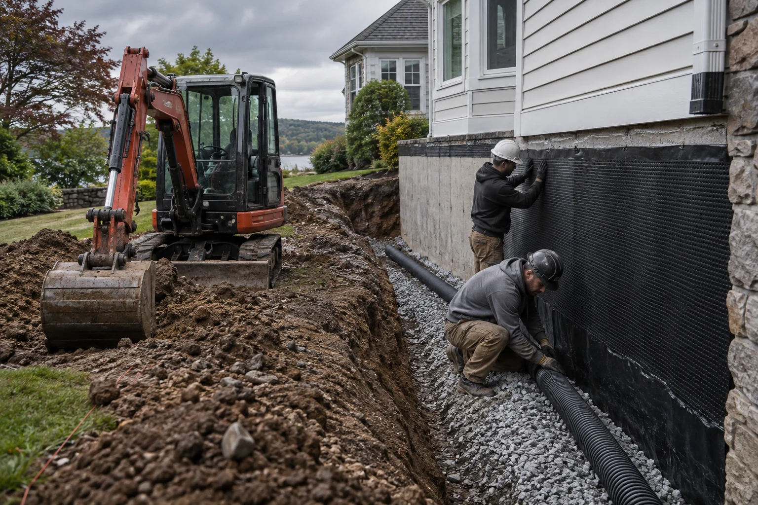 Exterior foundation waterproofing work with excavation, drainage pipe, stone, and waterproofing membrane
