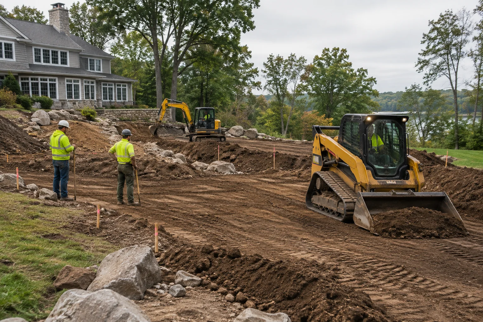 Active residential grading and excavation with compact equipment, marked elevations, and prepared soil