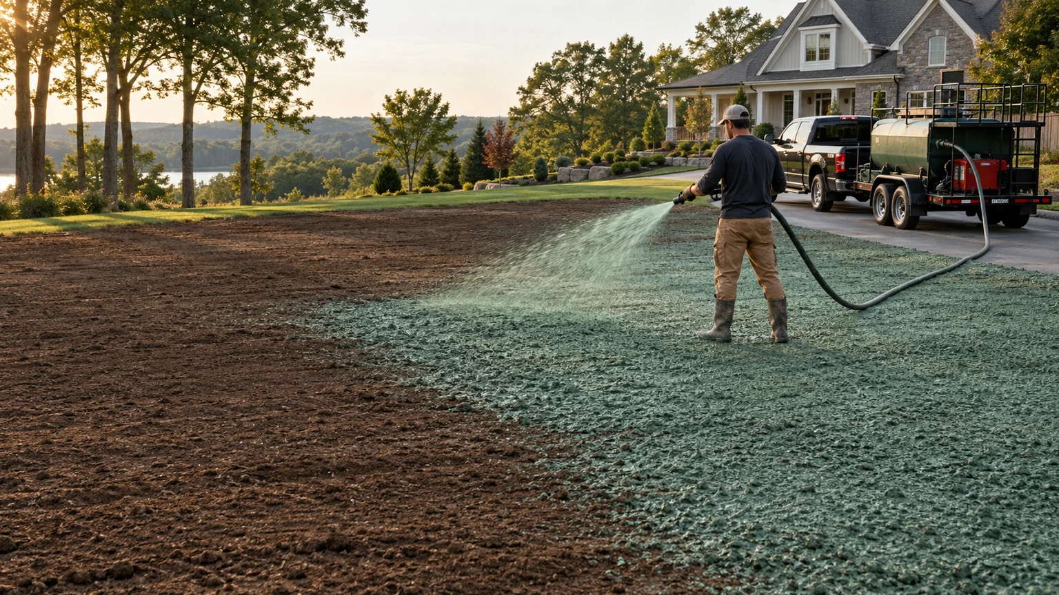 AI-generated representative scene of professional hydroseeding on a large prepared residential lawn