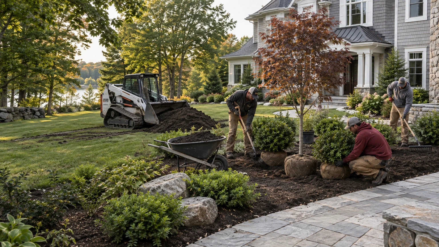 AI-generated representative scene of a professional landscape crew installing trees and shrubs with compact equipment at a Connecticut-style home