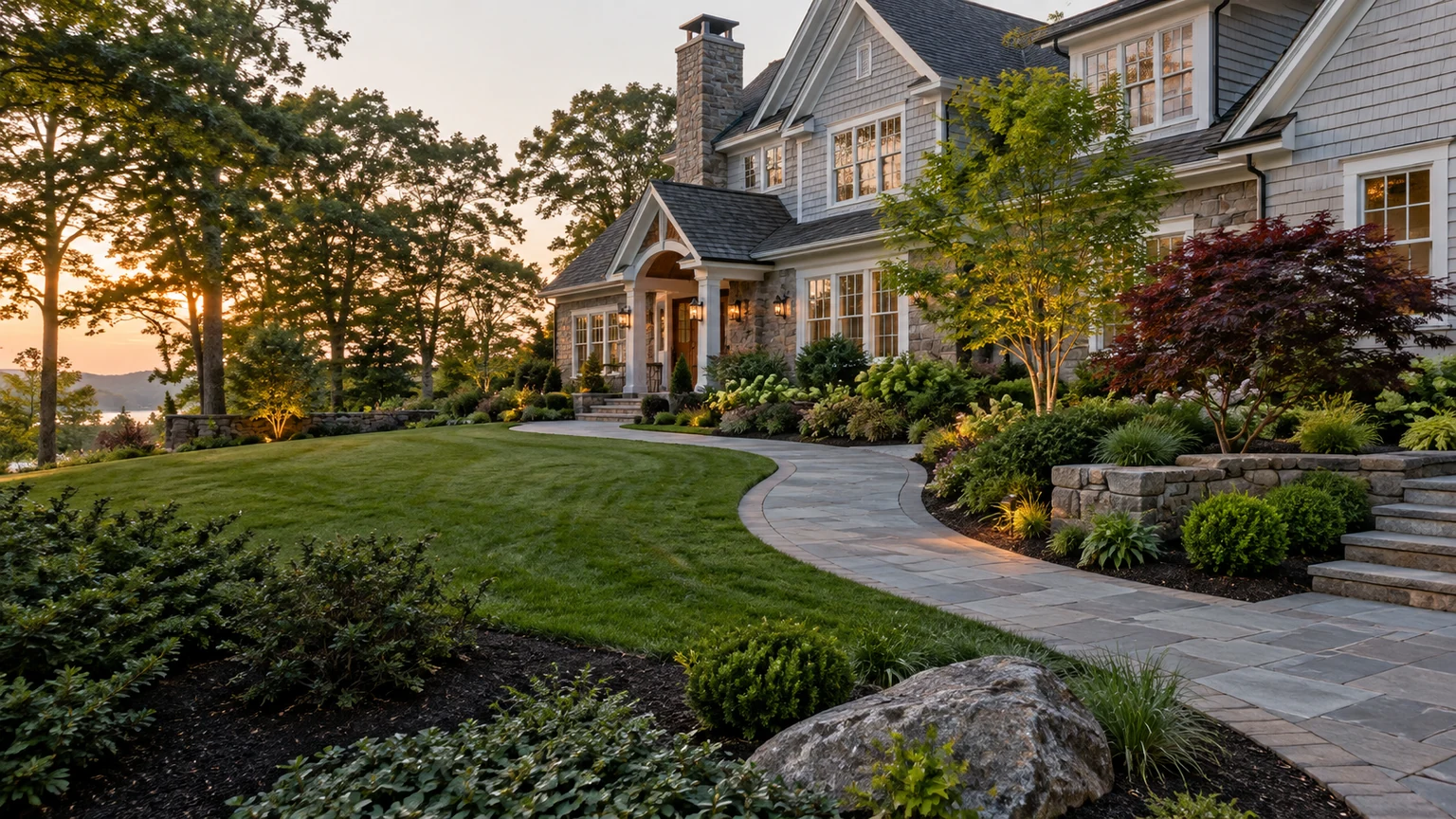 AI-generated representative scene of a completed landscape installation with layered planting beds, lawn, stone, and a paver walkway at a New England home