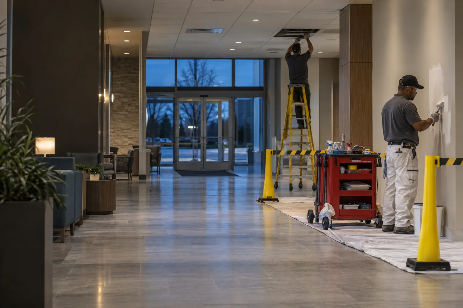 Representative after-hours maintenance work in a modern medical-office lobby and corridor