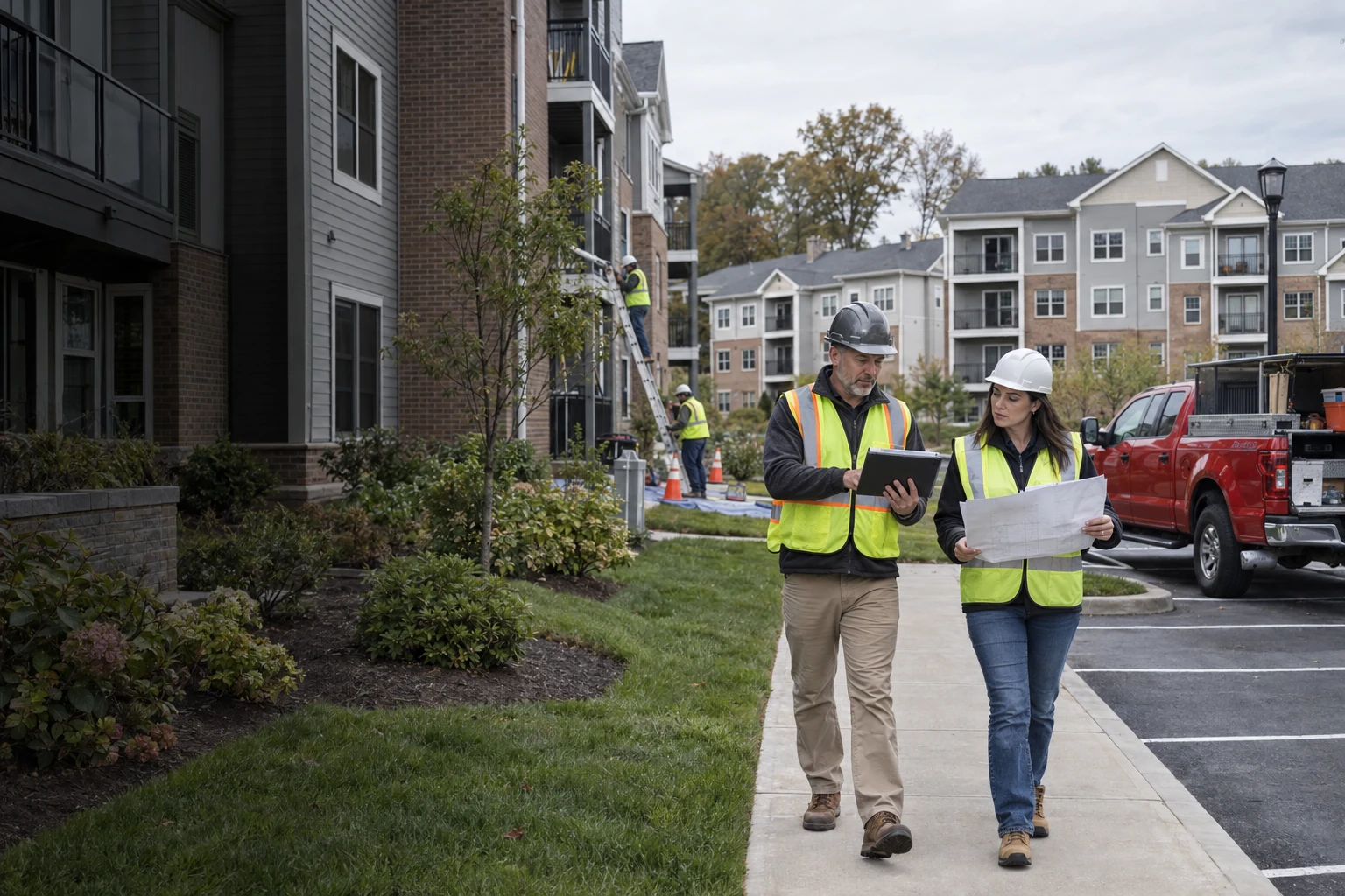 Representative multifamily property walkthrough with facilities professionals reviewing a maintenance plan