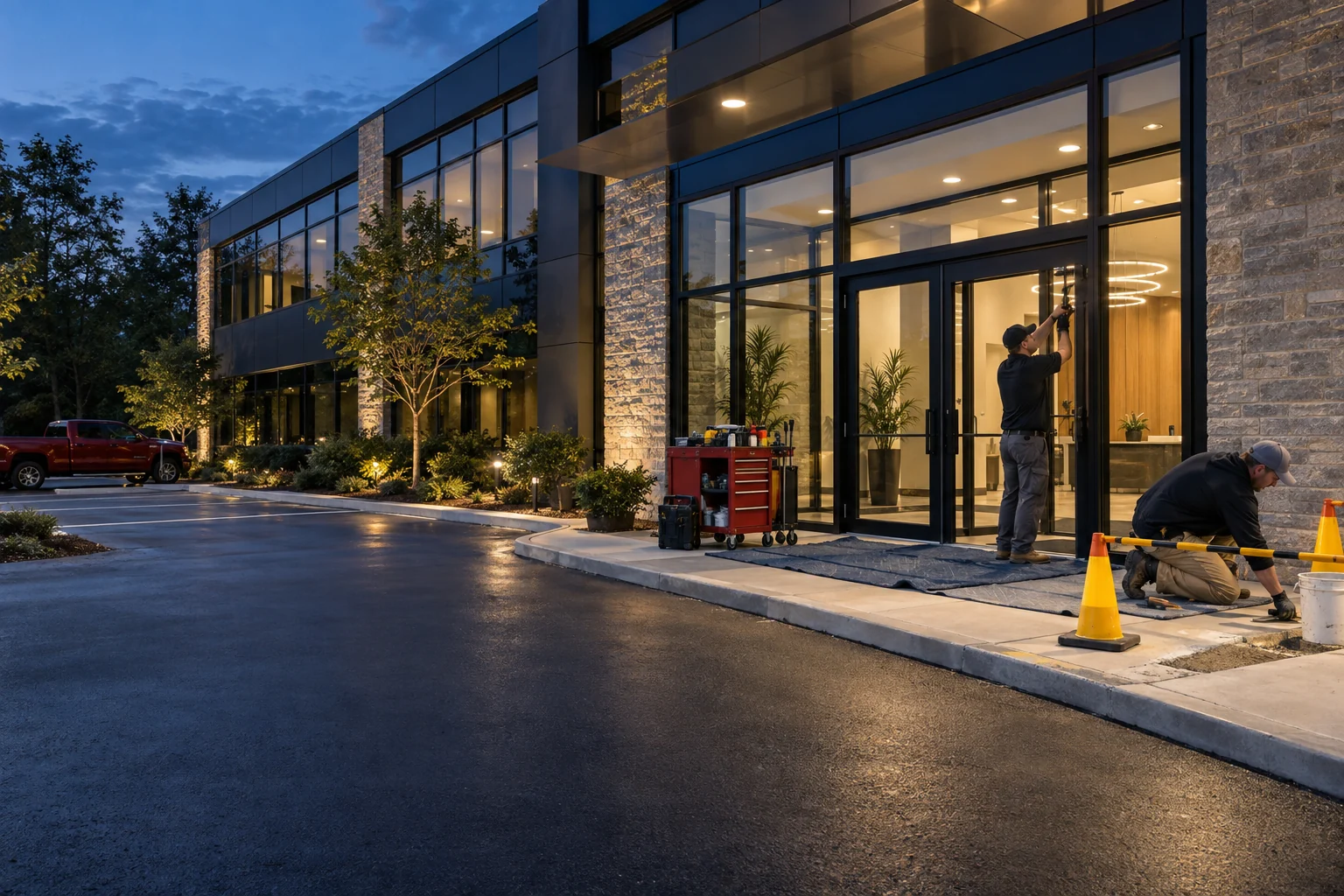 Representative after-hours maintenance work at a modern professional office building entrance