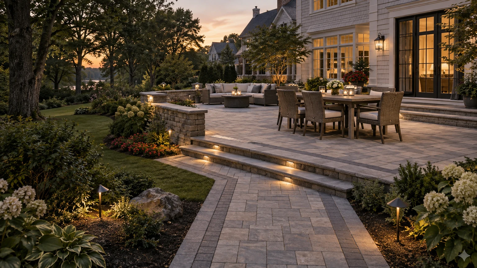 AI-generated representative scene of a finished paver patio, walkway, steps, and landscape installation at a New England home
