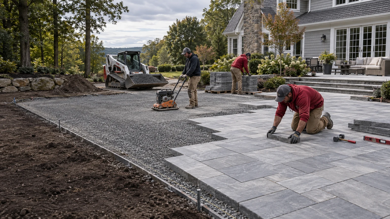 AI-generated representative scene of a professional hardscape crew installing a large paver patio at a Connecticut-style home