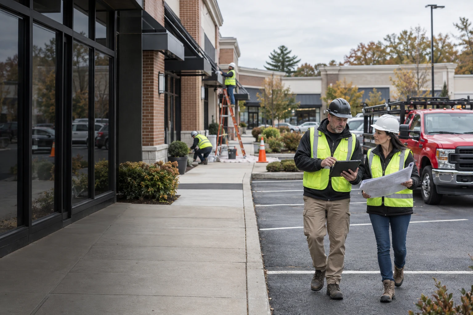 Representative retail-property walkthrough with facilities professionals reviewing a shopping-center maintenance plan
