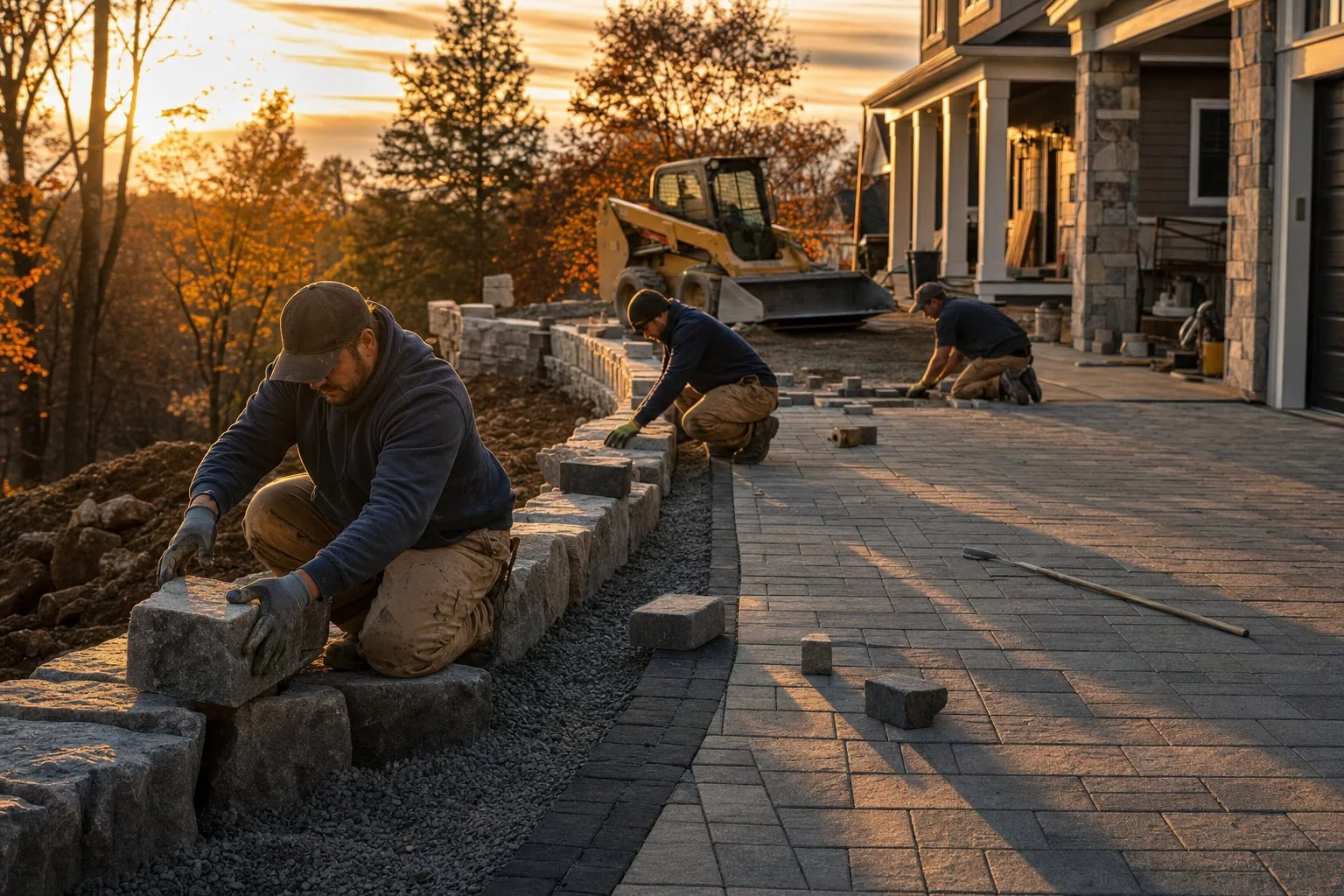Crew installing a retaining wall beside a paver terrace with compact equipment on site