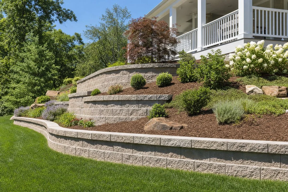 Representative finished retaining wall and maintained landscape at a shared residential property