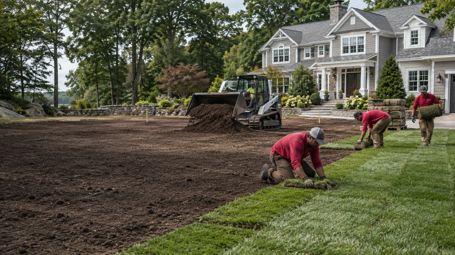 AI-generated representative scene of a professional crew installing sod and preparing a large residential lawn