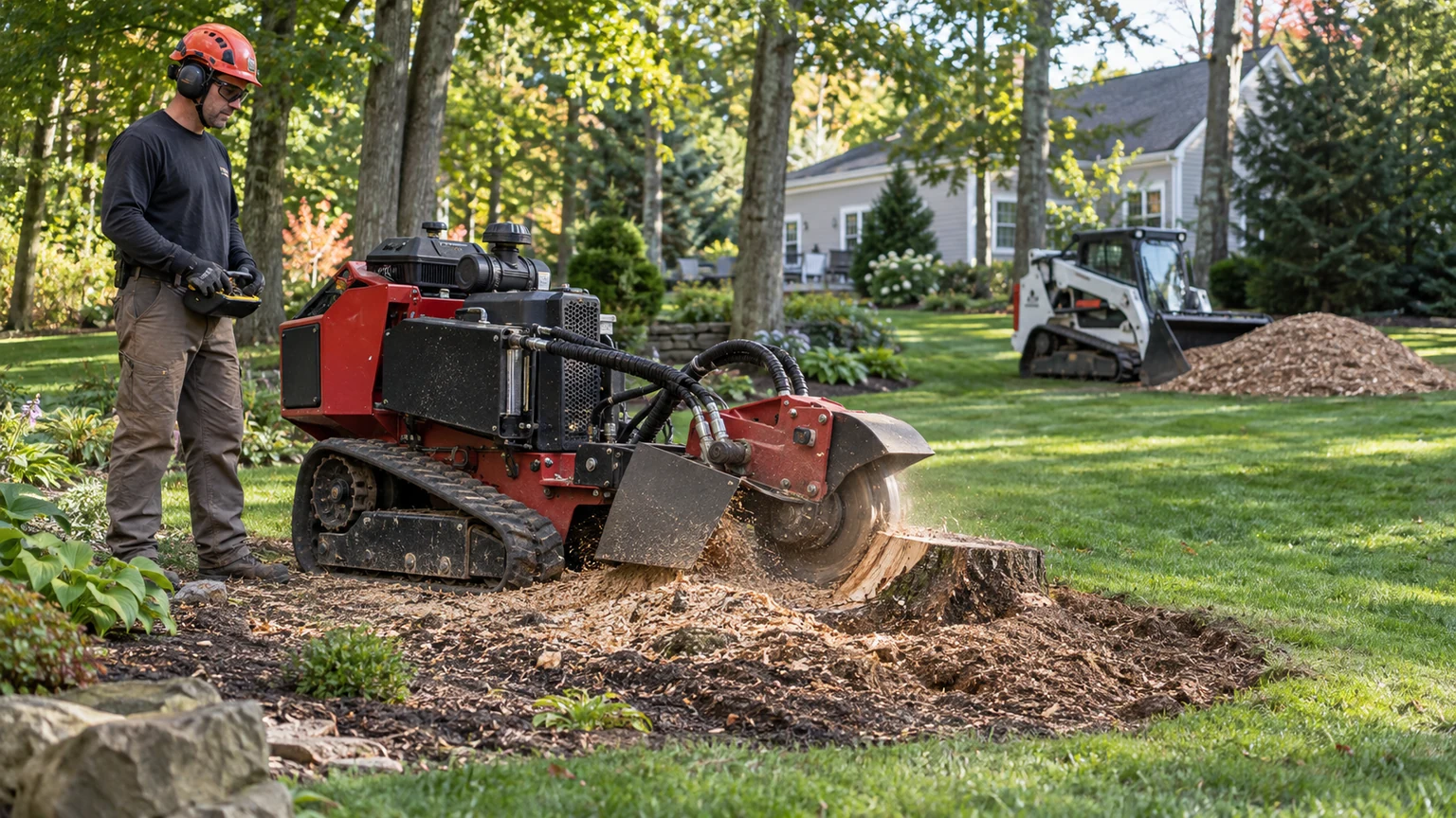 AI-generated representative scene of professional stump grinding and cleanup at a residential property