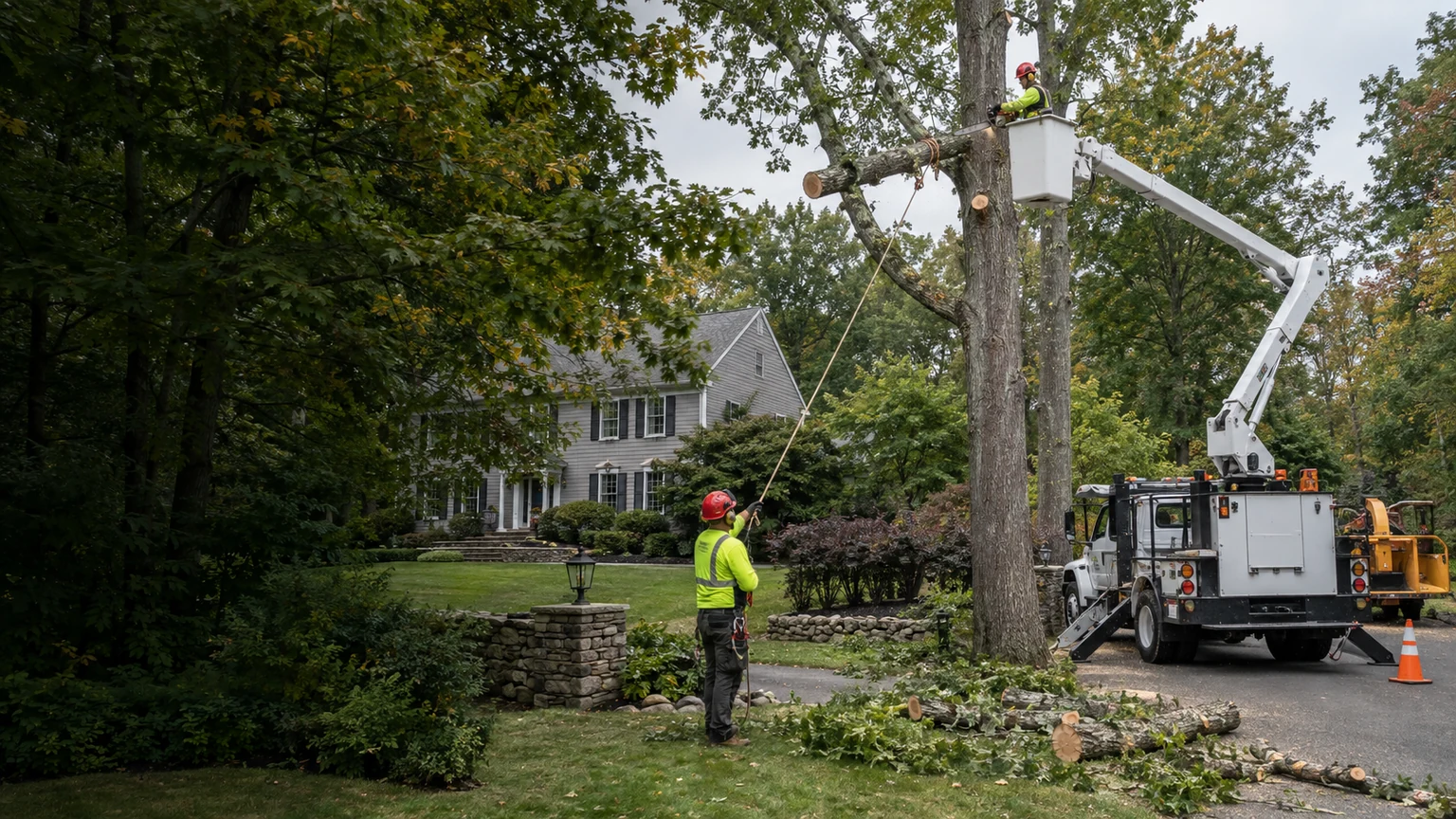 AI-generated representative scene of a professional crew performing controlled tree removal at a Connecticut-style residential property