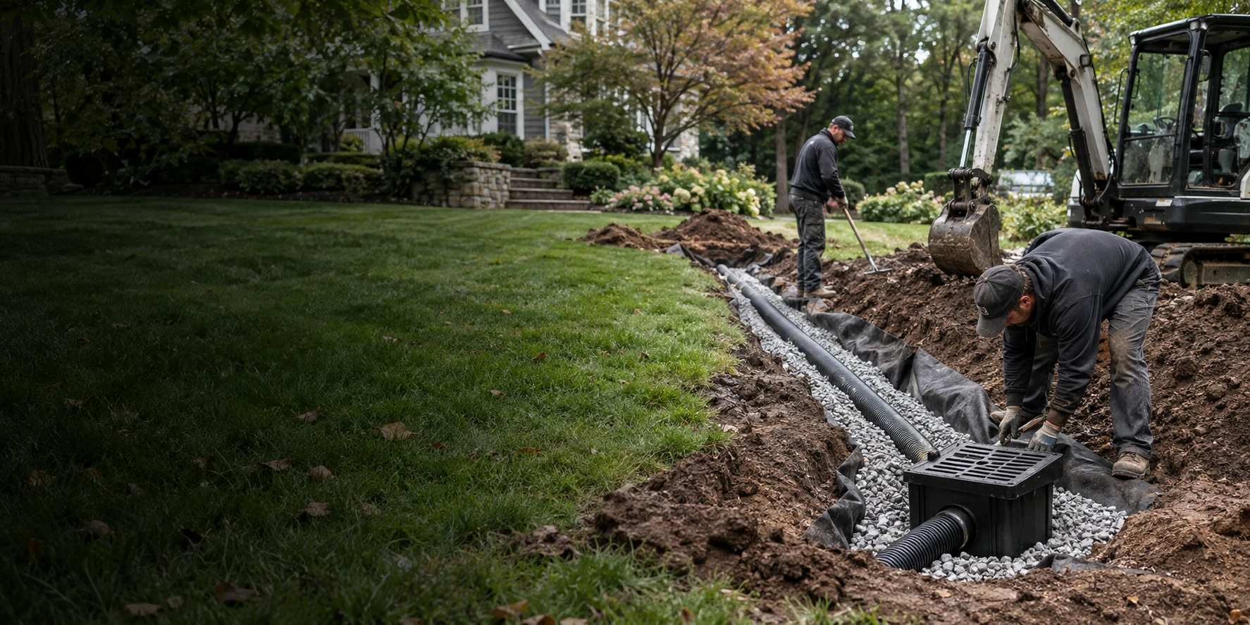 Yard drainage installation with excavation, drainage pipe, washed stone, and a surface inlet