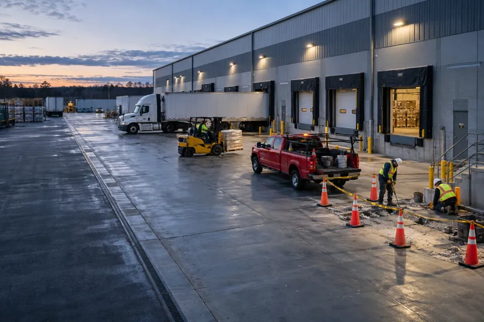 Representative active warehouse loading yard with trucks, forklift movement, and a protected maintenance work zone